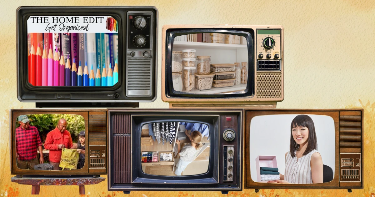 Écrans de vieux téléviseurs avec des émissions de rangement et d’organisation