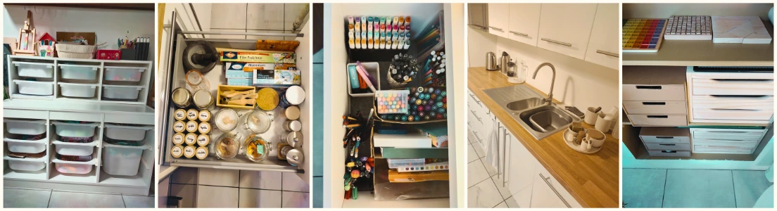 Photos d'un coin activités manuelles pour enfant avec les bacs Trofast, d'un tiroir à épices dans la cuisine, d'un tiroir à feutres et crayons de couleurs, d'un plan de travail coin évier dans la cuisine, d'un coin activités manuelles organisées dans des tiroirs