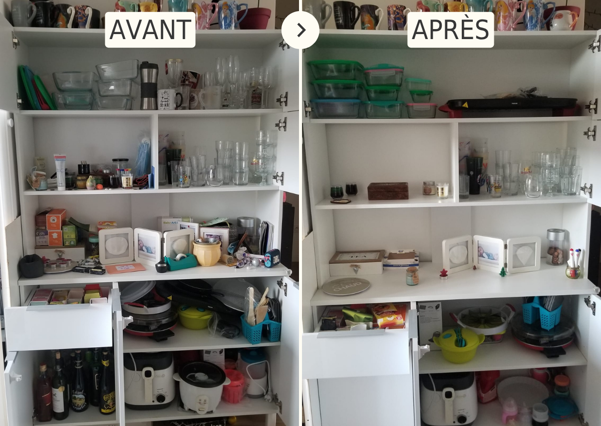 Désencombrement avant après placard de cuisine de Mélody