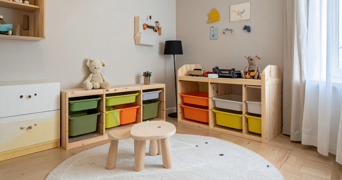Chambre d’enfant organisée avec des meubles bas en bois et des bacs colorés pour ranger les jouets, un petit tabouret rond au centre, des peluches et une décoration murale minimaliste.