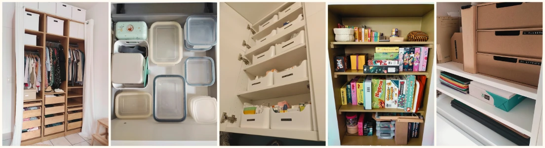 Photos d'un dressing familial rangé, d'un tiroir à Tupperware ordonnés avec couvercles, d'une pharmacie familiale dans des bacs étiquetés, du coin jeux de société et activités manuelles rangés à la verticale, d'un coin bureau selon ma méthode des 3 tiroirs
